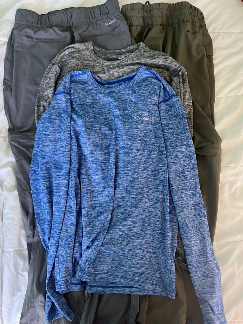 Columbia Blue Heather and Gray Long Sleeve Shirt with Gray and Olive Track Pants